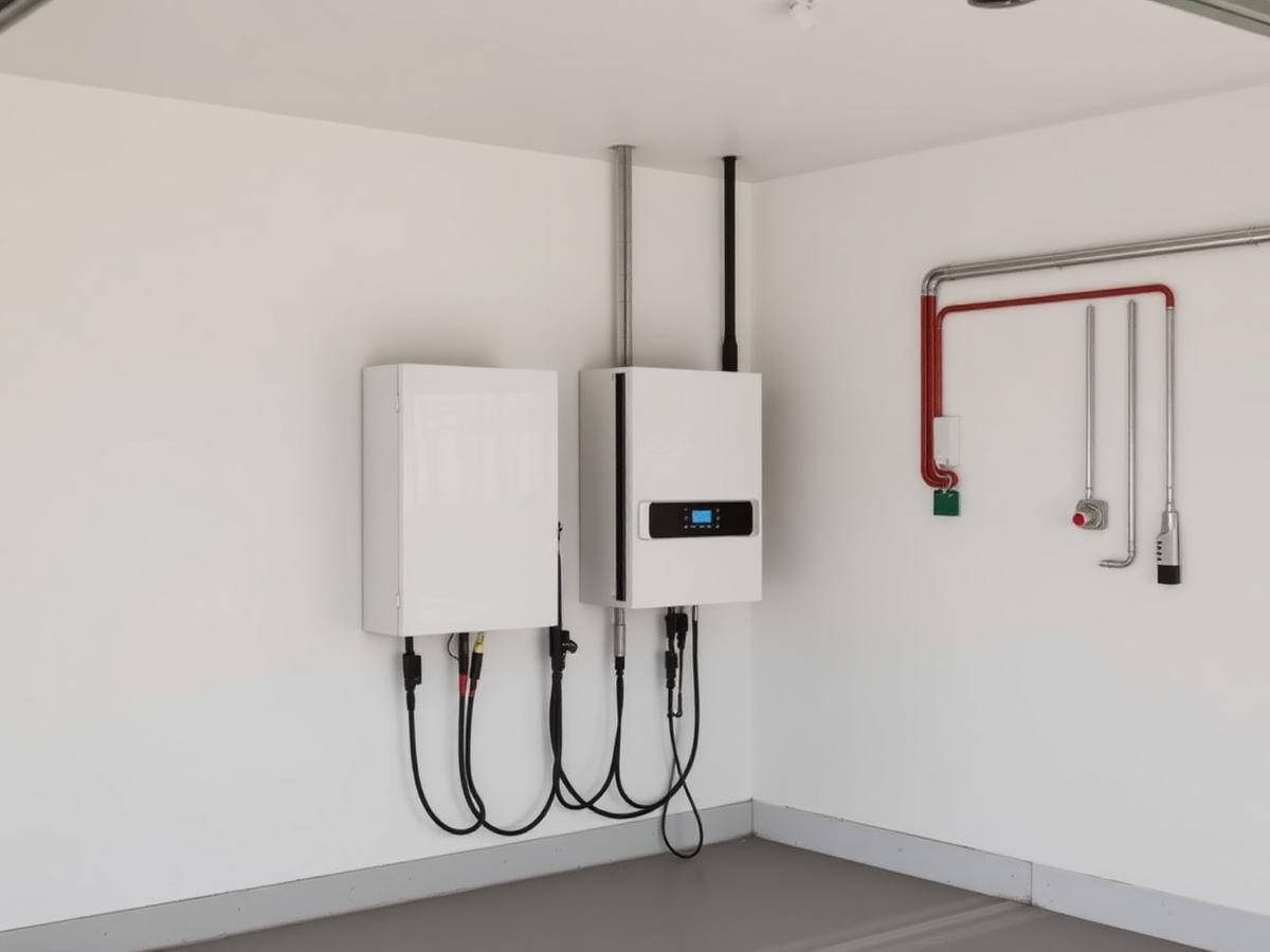 Home battery storage system installed in a clean garage