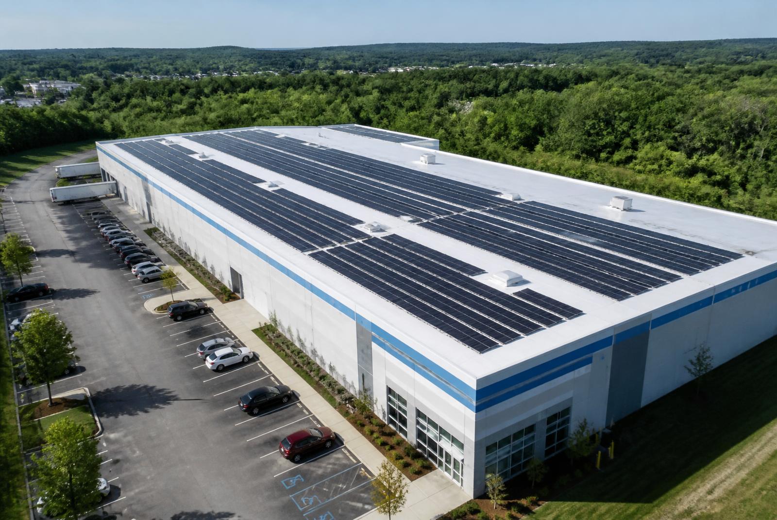 Aerial view of a large rooftop solar array on a New England commercial warehouse