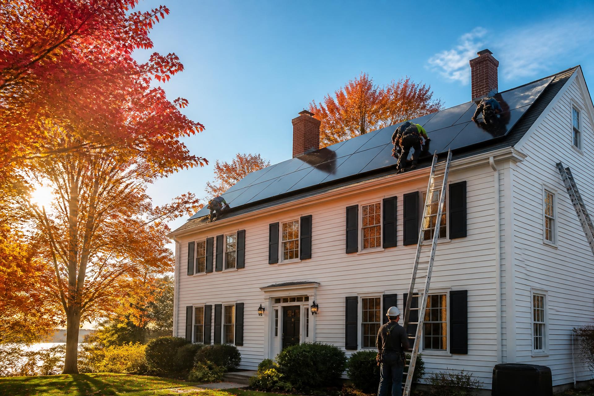 Northstar Solar crew installing black solar panels on a white New England colonial home in autumn