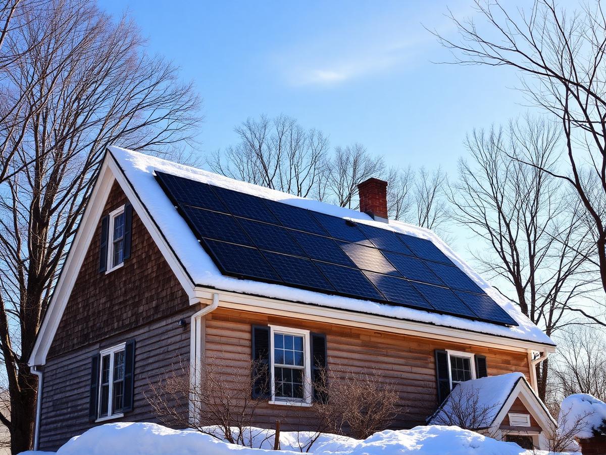 Solar panels shedding snow on a New England cape-style home in winter