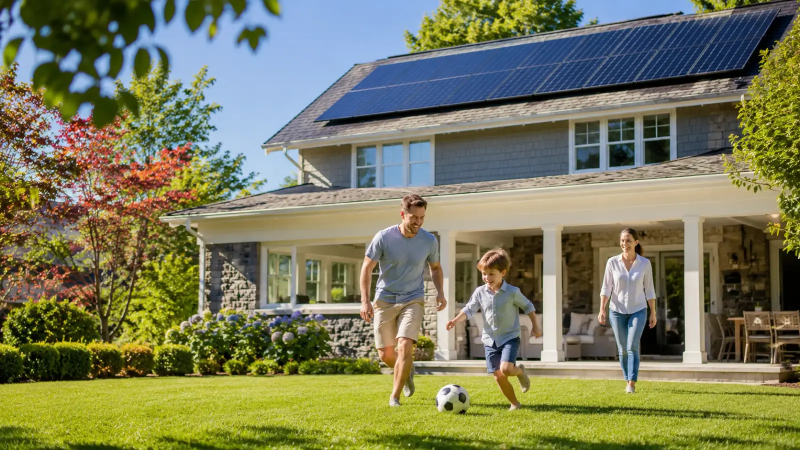 Family playing in the yard of a New England home with rooftop solar