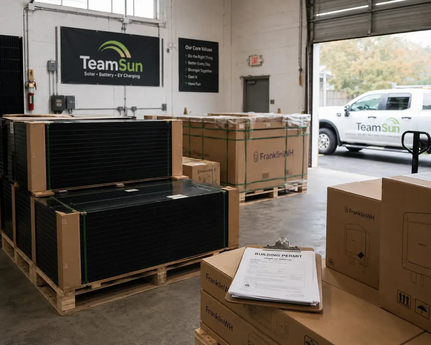Equipment staged in a warehouse